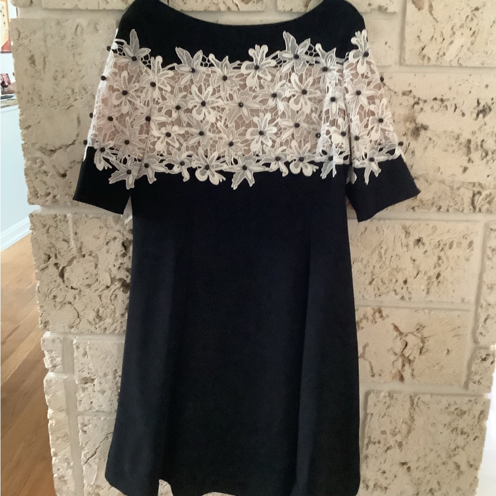 SHANI BLACK CREPE FIT AND FLARE DRESS WITH WHITE LACE BODICE SZ 16
